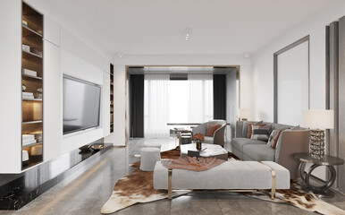 The modern luxury interior of the living room is bright and clean. 3D illustration