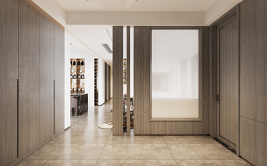 Interior modern style hallway decorated with wood and marble. 3D illustration