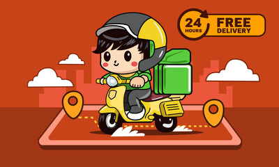 Delivery man riding a motorcycle with delivery box on mobile. Vector cartoon character illustration

