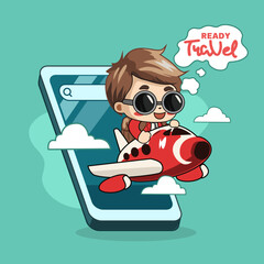 character traveler vector with smartphone. online service concept, chibi vector illustration
