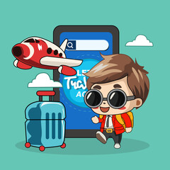 Delivery man riding a motorcycle with delivery box on mobile. Vector cartoon character illustration
