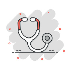 Stethoscope icon in comic style. Heart diagnostic cartoon vector illustration on isolated background. Medicine splash effect sign business concept.