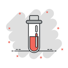 Blood in test tube icon in comic style. Laboratory flask cartoon vector illustration on isolated background. Liquid in beaker splash effect sign business concept.