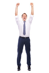 Business man, celebration and winner jumping for employee goals, success happiness and announcement in white background. Corporate worker, happy and hands celebrate achievement isolated in studio