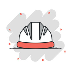Construction helmet icon in comic style. Safety cap cartoon vector illustration on isolated background. Worker hat splash effect sign business concept.