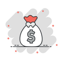 Money bag icon in comic style. Moneybag cartoon vector illustration on isolated background. Coin sack splash effect sign business concept.