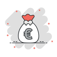 Money bag icon in comic style. Moneybag cartoon vector illustration on isolated background. Coin sack splash effect sign business concept.