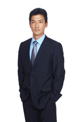 Asian businessman, hands and pocket standing in confidence against a white studio background. Portrait of a isolated confident young business man with his hands in his pockets on white background