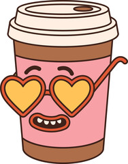 Groovy lovely coffee sticker. Love concept. Happy Valentines day. Pink and red colors.