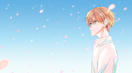 白シャツの男性　桜吹雪