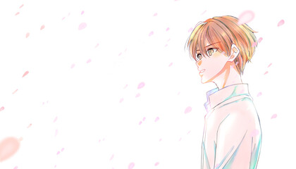 白シャツの男性　桜吹雪