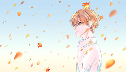 白シャツの男性　紅葉