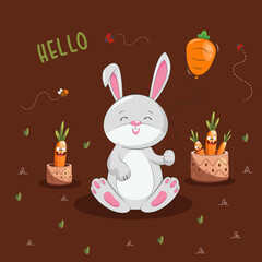 Lovely bunny with carrot balloon , cute rabbit cartoon illustration