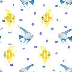 Watercolor underwater seamless pattern of blue and yellow angelfishes on white background. Print for design, background, menus, souvenirs, decor, wallpaper, fabric, textile, wrapping.