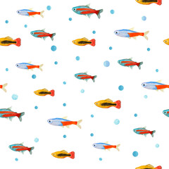 Watercolor underwater seamless pattern of neon tetra fishes on white background. Print for design, cards, background, menus, souvenirs, decor, banner, wallpaper, fabric, textile, wrapping.