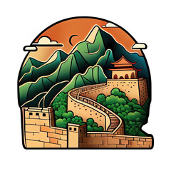 Cartoon sticker of the Great Wall of China, a famous landmark in China