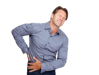 Fototapeta premium Back pain problem, studio and business man with emergency crisis, employee work injury or hurt spine. Medical healthcare, muscle strain accident and corporate worker with backache on white background