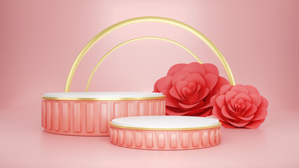 minimal pink and gold podium background, with roses, product display, for website and shopping  Valentines day, 3d rendering