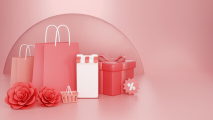 aOnline shopping concept. Smartphone with white screen, Computer, Shopping bag, Shopping store, gift box, heart icon, on pink background, Valentine's Day, 3d rendering