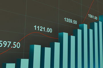 Financial report, rising bar graph. Business data with chart, lines, numbers. Trading, progress, success, growth, financial figures and rising revenues or earnings. 3D illustration
