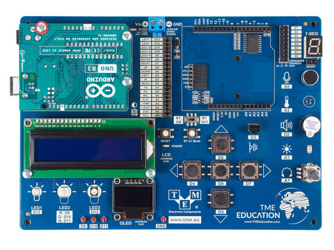 Bucharest, Romania - January 7, 2023: TME-EDU-ARD-2 is an Arduino-based education board that includes an LCD display, buttons, led and sensors