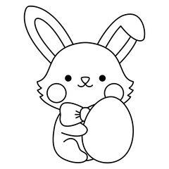 Obraz na płótnie Canvas Vector black and white Easter bunny icon for kids. Cute kawaii line rabbit illustration or coloring page. Funny cartoon hare character. Traditional spring holiday symbol in bow sitting with egg