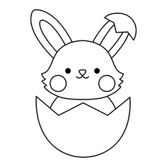 Vector black and white Easter bunny icon for kids. Cute kawaii line rabbit illustration or coloring page. Funny cartoon hare character. Traditional spring holiday symbol hatching or sitting in egg