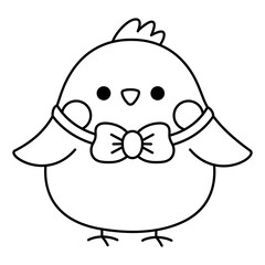 Vector black and white Easter chick icon for kids. Cute line kawaii chicken illustration or coloring page. Funny cartoon bird character. Traditional spring holiday symbol in bow.