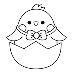 Vector black and white Easter chick icon for kids. Cute line kawaii chicken illustration or coloring page. Funny cartoon bird character. Traditional spring holiday symbol hatching or sitting in egg.