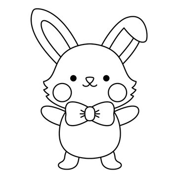 recommend clip art: Vector black and white Easter bunny icon for kids. Cute kawaii line rabbit illustration or coloring page. Funny cartoon hare character. Traditional spring holiday symbol in bow