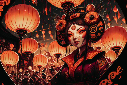 Chinese woman in traditional makeup during chinese new year, lanterns in the background, generative ai