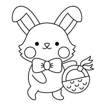 Vector black and white Easter bunny icon for kids. Cute line kawaii rabbit illustration or coloring page. Funny cartoon hare character. Traditional spring holiday symbol with basket.