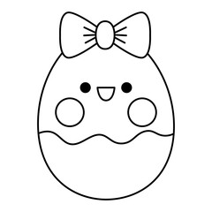 Vector black and white kawaii egg icon for kids. Cute line Easter symbol illustration or coloring page. Funny cartoon character. Adorable spring smiling clipart with bow and cheeks.
