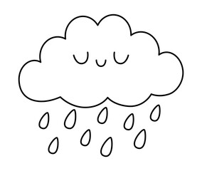 Vector black and white kawaii cloud icon for kids. Cute line weather element symbol illustration or coloring page. Funny smiling cartoon character. Adorable storm clipart with rain drops.