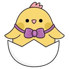 Vector Easter chick icon for kids. Cute kawaii chicken illustration. Funny cartoon bird character. Traditional spring holiday symbol in bow hatching or sitting in egg.