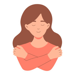 Girl hugging herself. Self care, love yourself concept vector illustration. International Women day card.