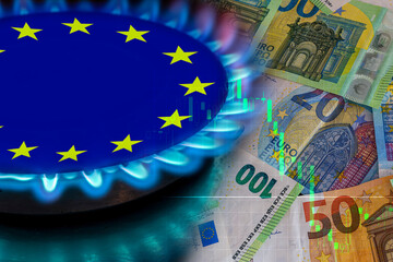 europe flag and hob burner of blue gas with euro cash banknotes on background, cost of gas, the...