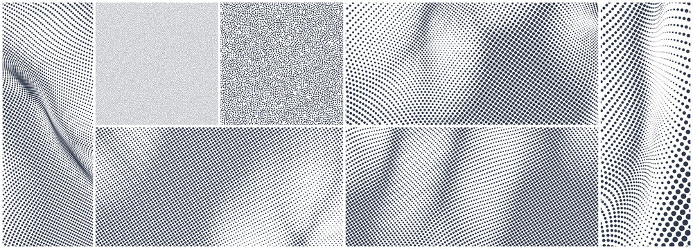 Background of black dots randomly moving on white backdrop. Chaotic concentration and dispersion of small particles. Grainy design. Pointillism pattern. Wavy surface. Dynamic vector illustartion.