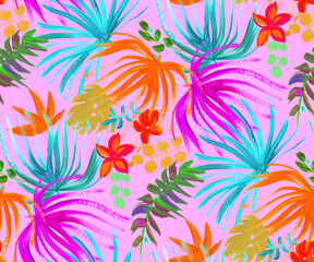 modern bright seamless pattern with tropical palm leaves and colorful dried flowers for fashion textiles and surface design