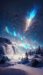 Magical winter wonderland. Northern lights sky. Winter night landscape. Generative ai.
