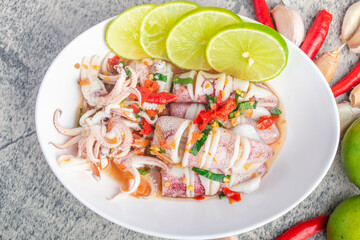 Steam Squid with Spicy Chili and Lime Sauce Thai street food