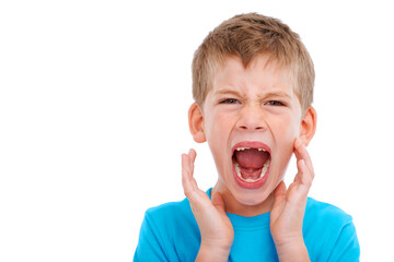Frustrated kid, studio portrait and shouting with anger facial expression by white background for...