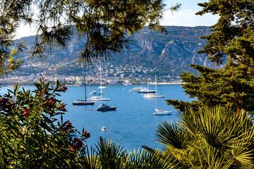Bay and laguna summer landscape offshore Saint-Jean-Cap-Ferrat resort town on Cap Ferrat cape at...