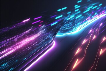 Glowing colorful of neon light or laser moving high speed data network technology. Generative AI