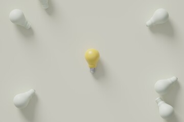 New idea and innovation concept, Yellow light bulb icon, Creative and idea sign, Solution thinking, Innovation success, 3D rendering, 3D illustration