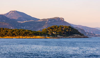 Seashore landscape panorama of Saint-Jean-Cap-Ferrat resort town on Cap Ferrat cape at French...