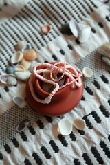 Coral and coconut beads  on pattern towel with clay pottery close up  - 560972258