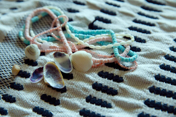Shell home made jewelry on the textile coral  and coconut beads