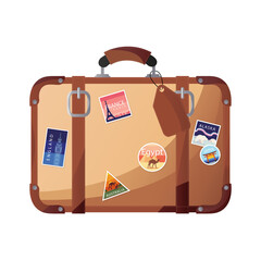 Travel bag with different travel stickers on the white background. Travel, tourism, adventure, journey concept. Isolated vector illustration for banner, poster, cover, advertising.