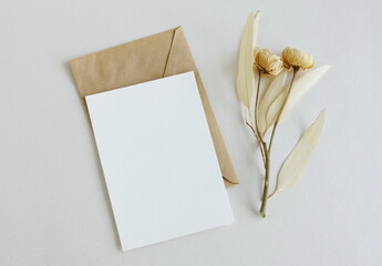 Greeting card mockup, envelope and  dried  flowers twigs on white background top view flatlay. Card mockup with copy space.